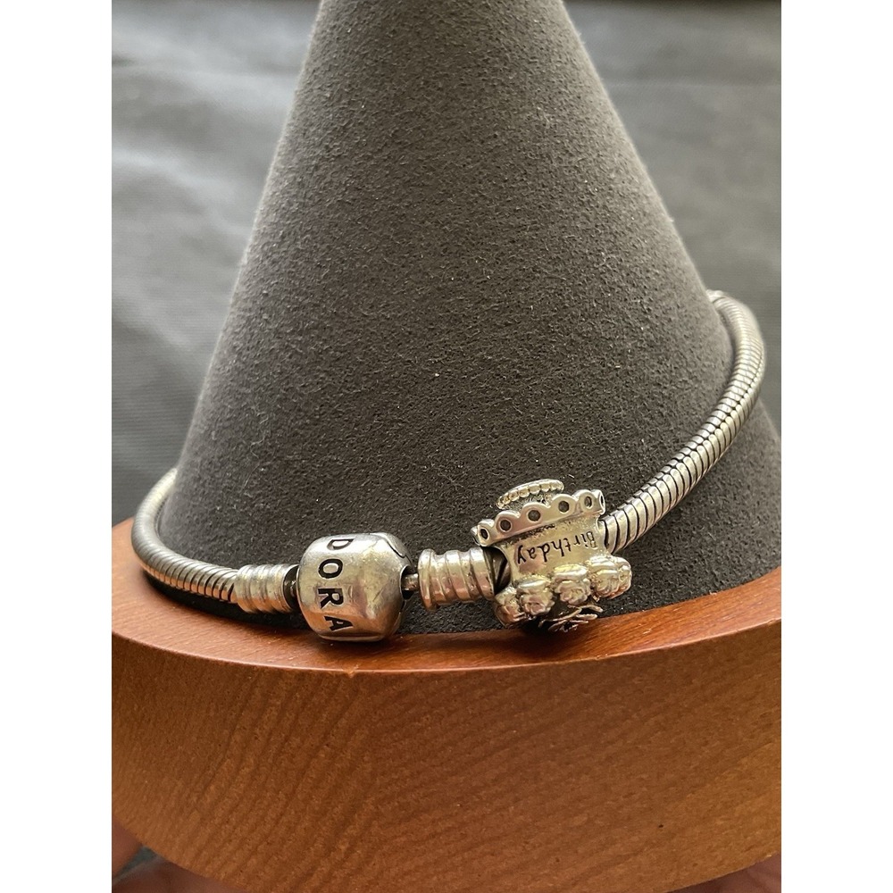 Pandora ALE 925 Sterling Silver Snake Chain Bracelet Happy Birthday Cake Charm